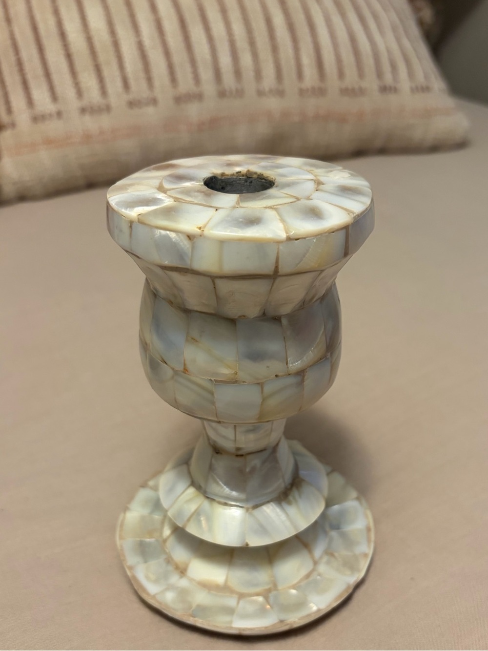 Vintage Jamie Young Co. mother of pearl mosaic pillar candlestick holder